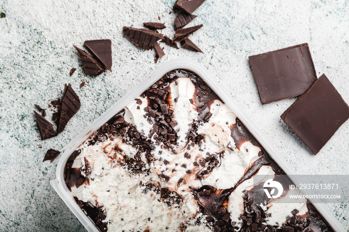 Homemade Ice Cream With Chocolate Chips. Refreshing Dessert For Gourmets. Stracciatella.