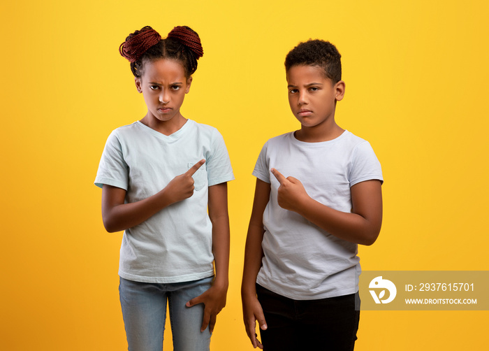 Angry black brother and sister pointing at each other