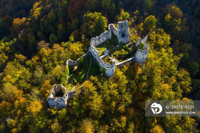 Croatia, Samobor, old abandoned medieval fortress ruins and forest mountain landscape aerial overhea