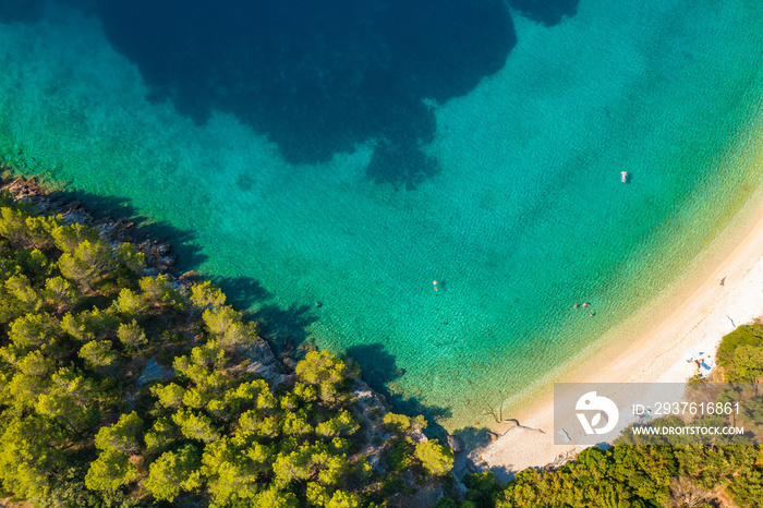 Aerial view of pebble Duba beach in Makarska riviera, the Adriatic Sea, Croatia