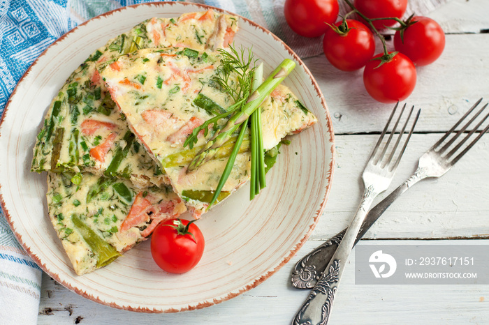 Frittata with smoked trout and asparagus