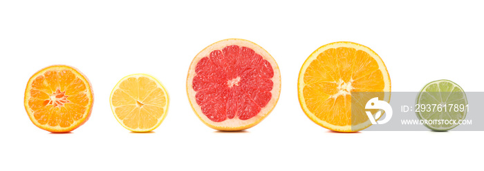 Set of citrus fruits isolated on white background. Juicy food