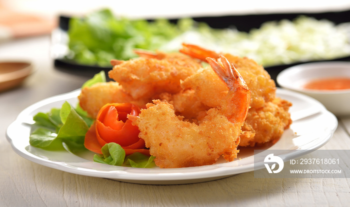 Fried Shrimp with vegetable on white plate