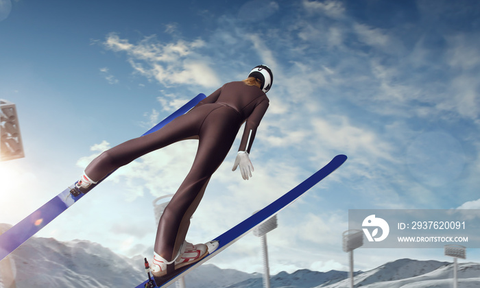 飞行中的滑雪运动员。日落时的滑雪跳跃。
