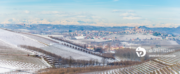 Italy Piedmont: Barolo wine yards unique landscape winter snow, La Morra medieval village castle on 