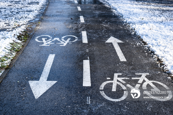 Bicycling track in the winter cleaned from the snow