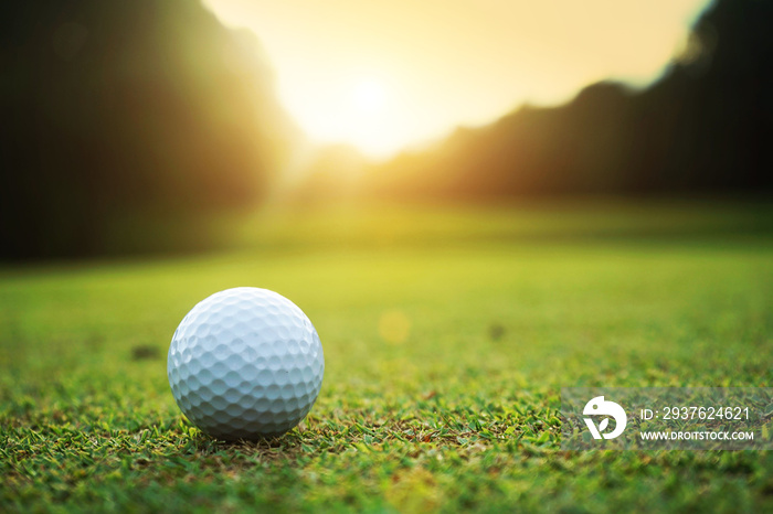 golf ball on green in beautiful golf course with sunset. Golf ball close up in golf coures at Thaila