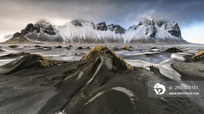 Black Sand Dunes of Vestrahorn in Winter