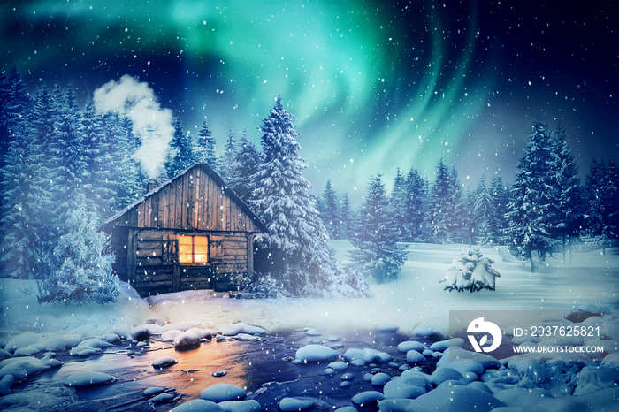 Winter landscape, wooden house under Northern Lights sky