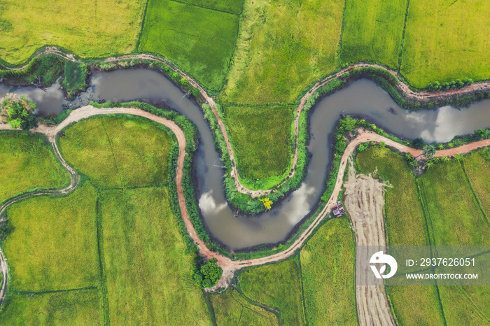 aerial view of devious river in a fields