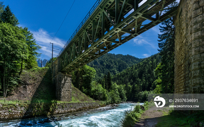 Eisenbahnbrücke aus Stahl führt über Fluss im Nationalpark Gesäuse in der Steiermark.