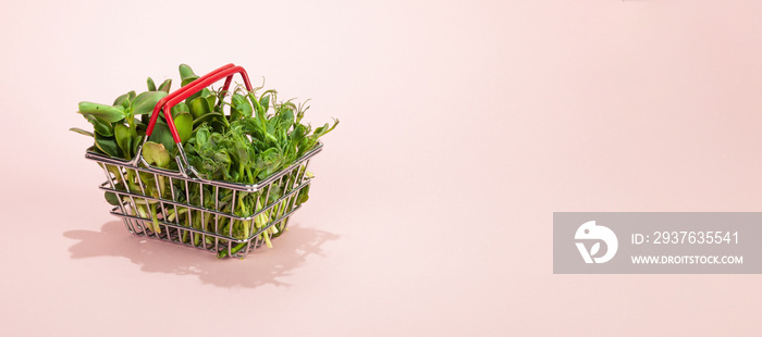 粉红色背景篮子里的微绿色。销售各种类型的微绿色食品。健康食品公司
