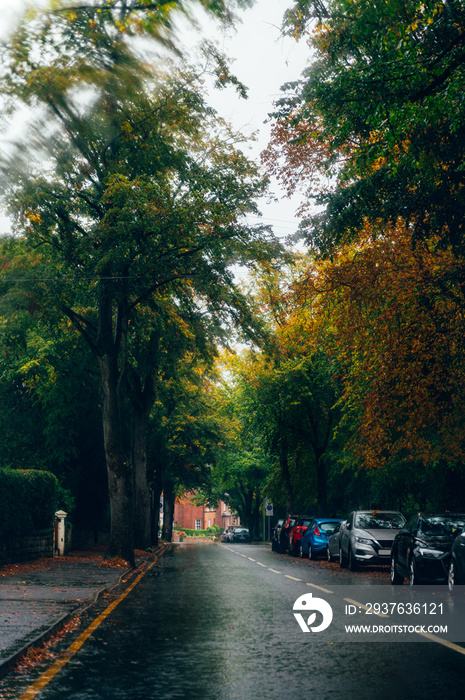 Autumn streets of english city during rainy gloomy day, shot made from the car window, UK