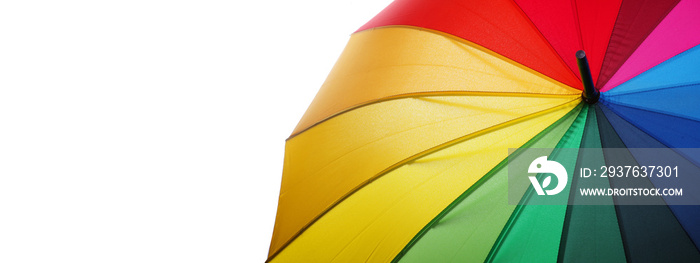 彩虹的颜色。多色雨伞特写。彩虹伞隔离在白色上。复制空间