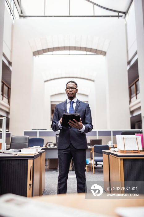 Portrait of young businessman using digital tablet in office