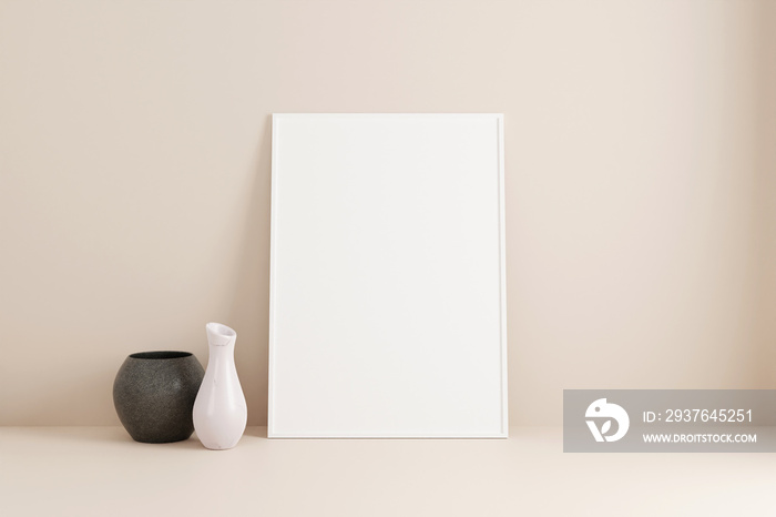 Minimalist vertical white poster or photo frame mockup on the floor leaning against the room wall