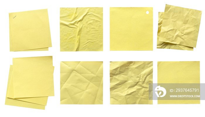 Variety of yellow paper note memo isolated on white background. Copy space. Poster mockup and templa