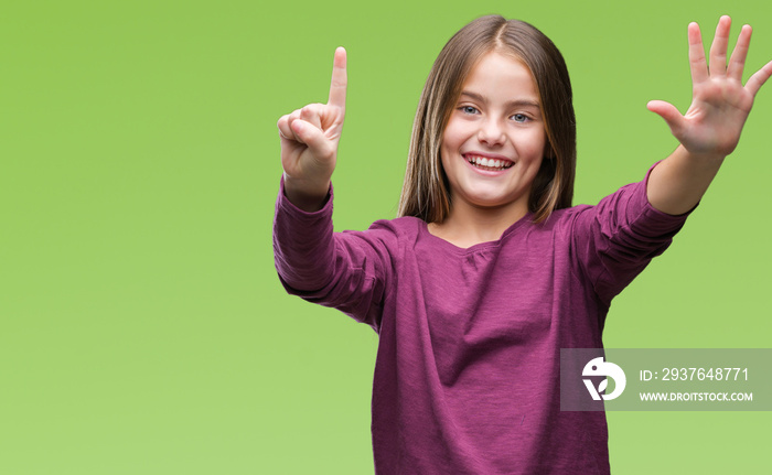 Young beautiful girl over isolated background showing and pointing up with fingers number six while 