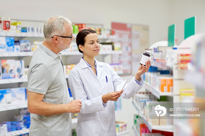 pharmacist and senior man buying drug at pharmacy