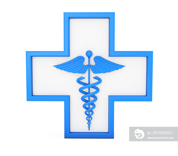 Blue Medical Caduceus Symbol in Cross. 3d Rendering