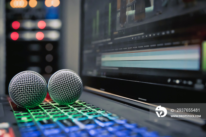 Close up microphone in the studios.