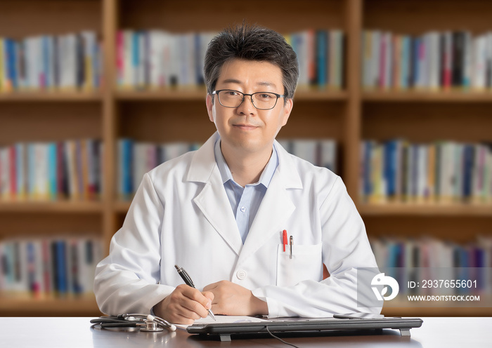 Asian male doctor sitting at desk smiling.