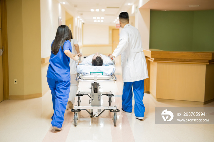 Patient being transported in a hospital