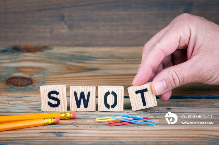 swot。办公桌上的木制字母。商业和货币投资背景。