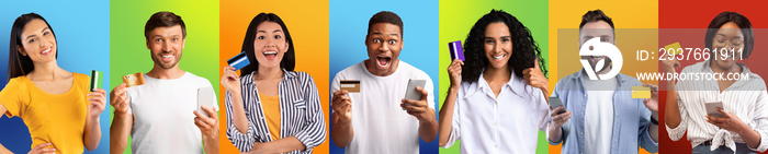 Excited diverse people using smartphones showing debit credit cards