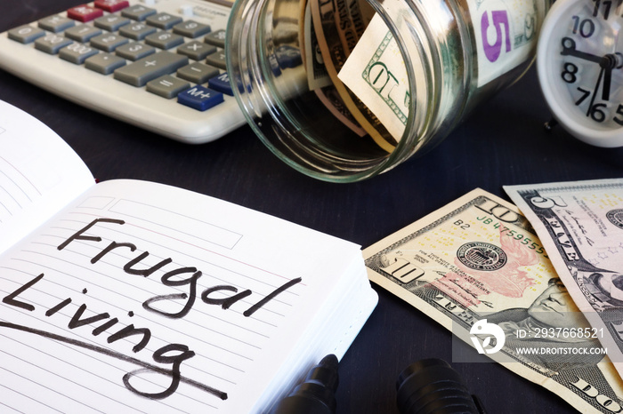 Frugal living written on a note pad and money.