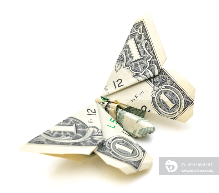 dollar folded origami style into a butterfly. Isolated on white background