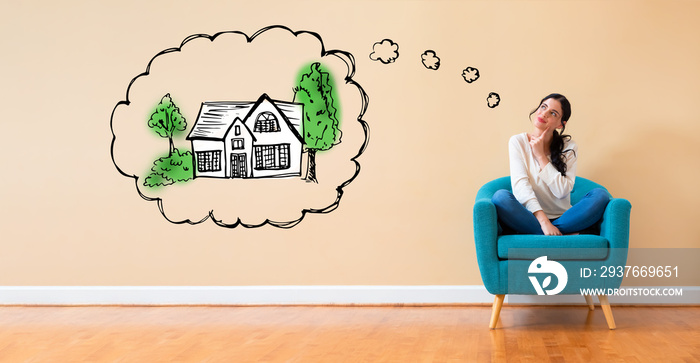 Dreaming of new home with woman in a thoughtful pose in a chair