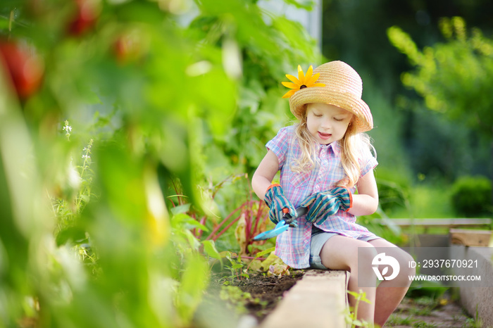 戴着草帽和儿童花园手套的可爱小女孩在玩她的玩具花园工具