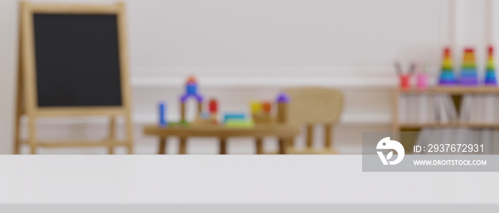 Modern white tabletop with copy space over blurred kindergarten classroom