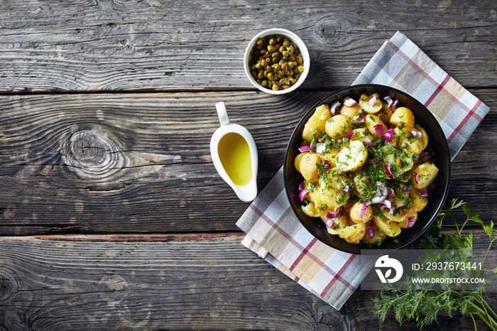 new potato salad with red onion, capers, greens