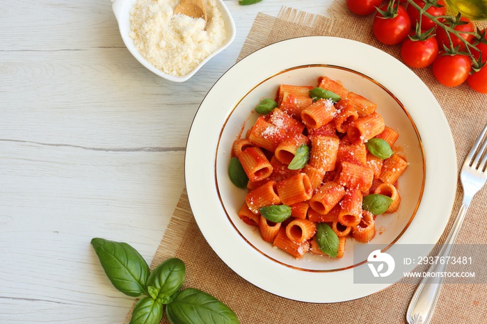 Classic Italian Pasta Mezze Maniche al Sugo di Pomodoro ,mezze maniche pasta with tomato sauce,olive