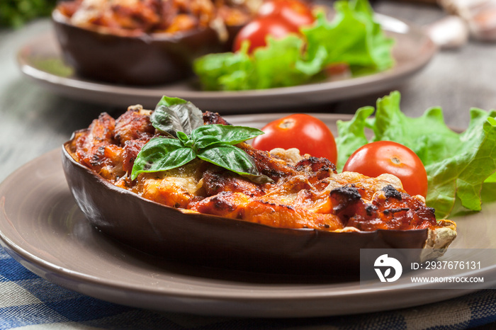 Baked eggplant with pieces of chicken