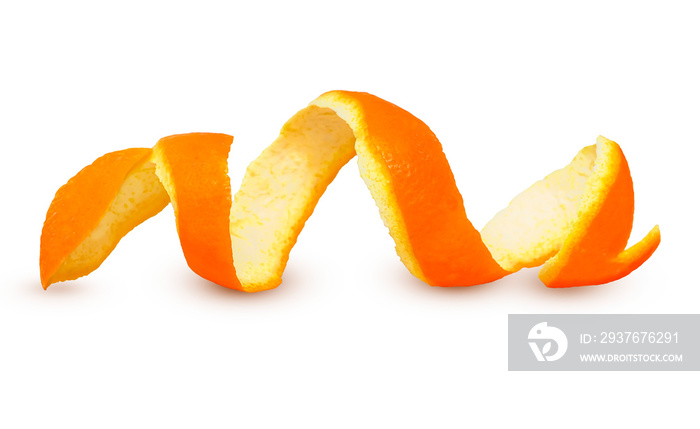 Spiral peeled fresh orange peel isolated on white background