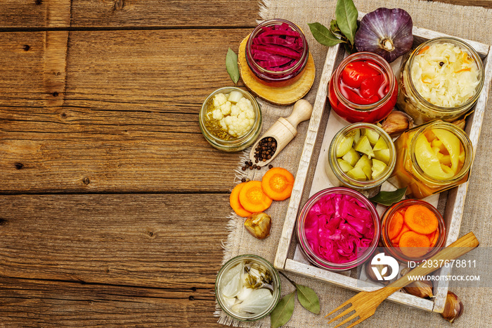 Assorted of fermented vegetables in glass jars