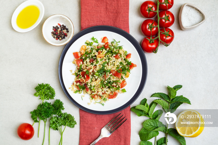 Lebanese traditional salad taboule soaked bulgur and ingredients