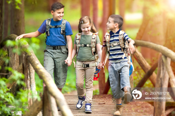 儿童童子军旅行者背着背包在森林中徒步旅行