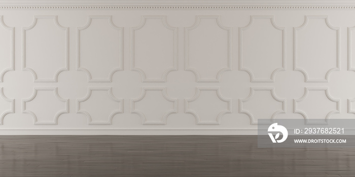 白色空房间和深色强化木地板的透视图，经典的室内风格。空白空间建筑师