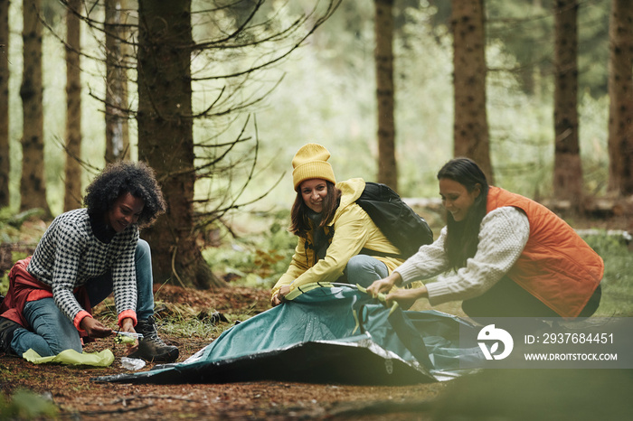 Friends setting up their camp in the woods