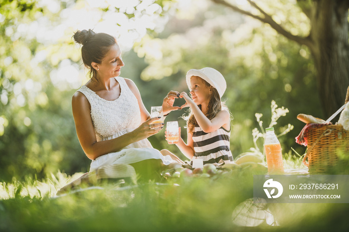 Mom And Daughter Enjoying A Picnic Day In Nature