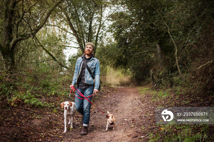 Portrait of young man walking out his dogs