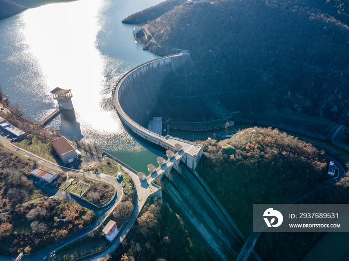 Aerial view of dam of Kardzhali Reservoir, Bulgaria