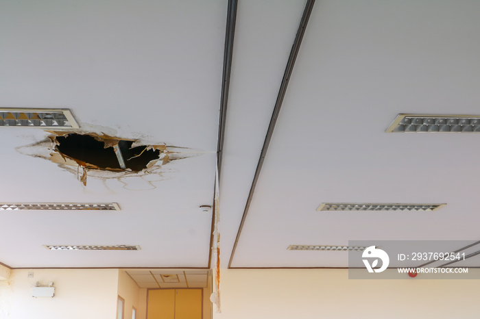 gypsum ceiling decay hole interior office building