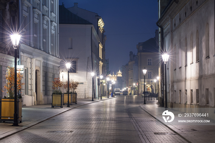 night streets lights in Krakow