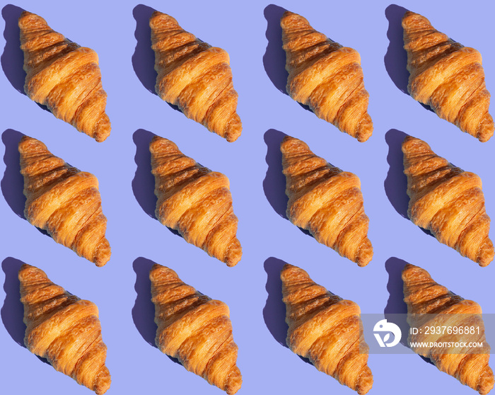 Bakery products pattern with baked croissant. Purple background, top view. Pop art style. Delicious 