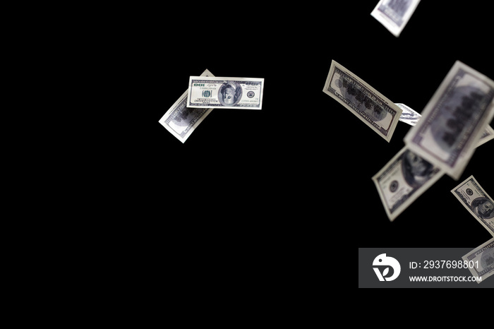 hundred dollars banknotes fly on black background. money rain concept